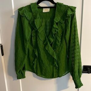 Maeve Anthropologie Bright Green Eyelet Lace Ruffle Faux Wrap Long Sleeve Blouse